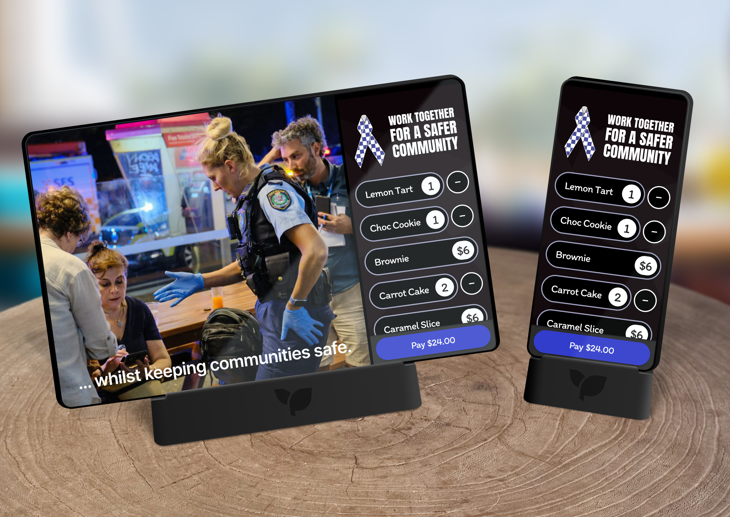 Givee POS fundraising interface showing tap-to-pay flows