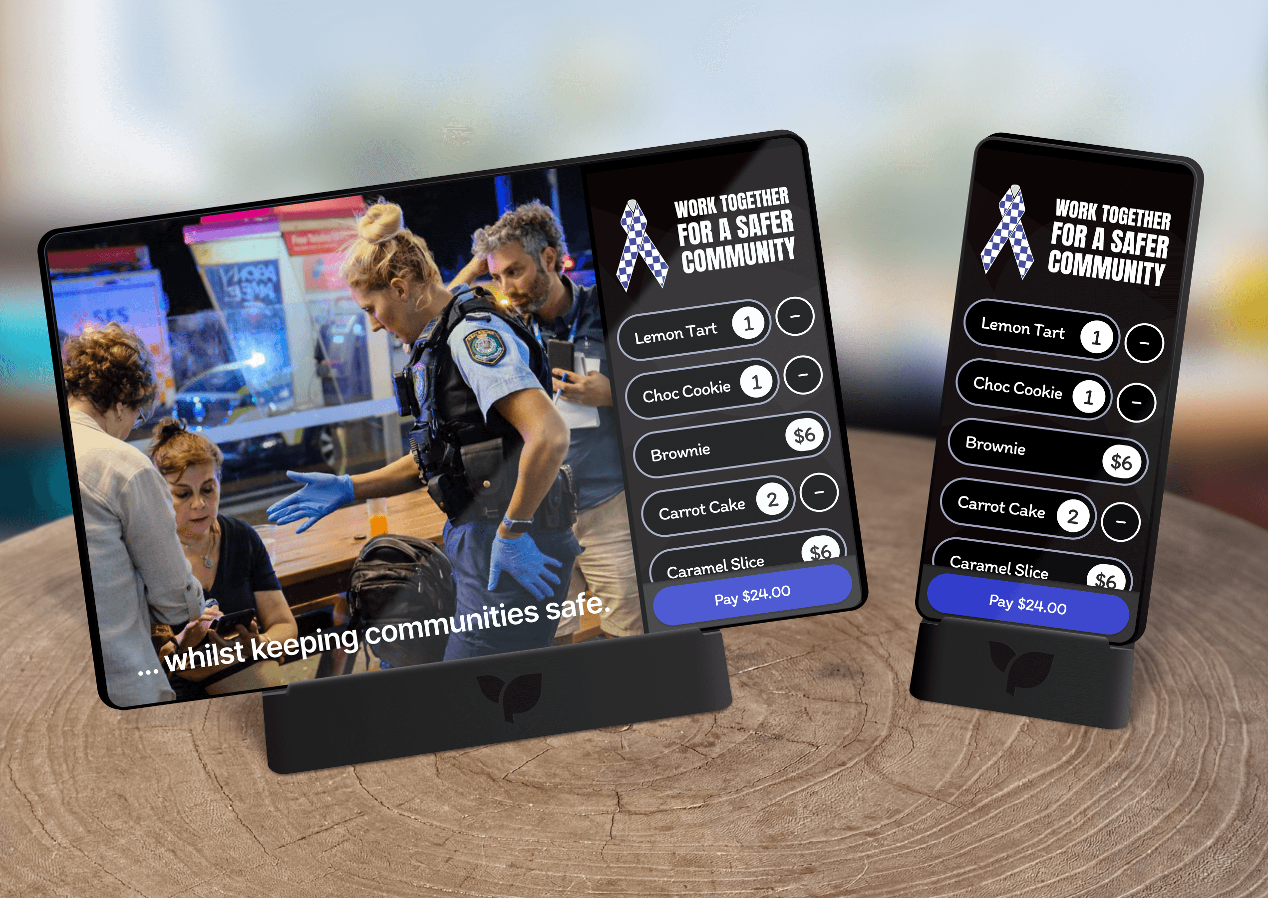Givee POS fundraising interface showing tap-to-pay flows